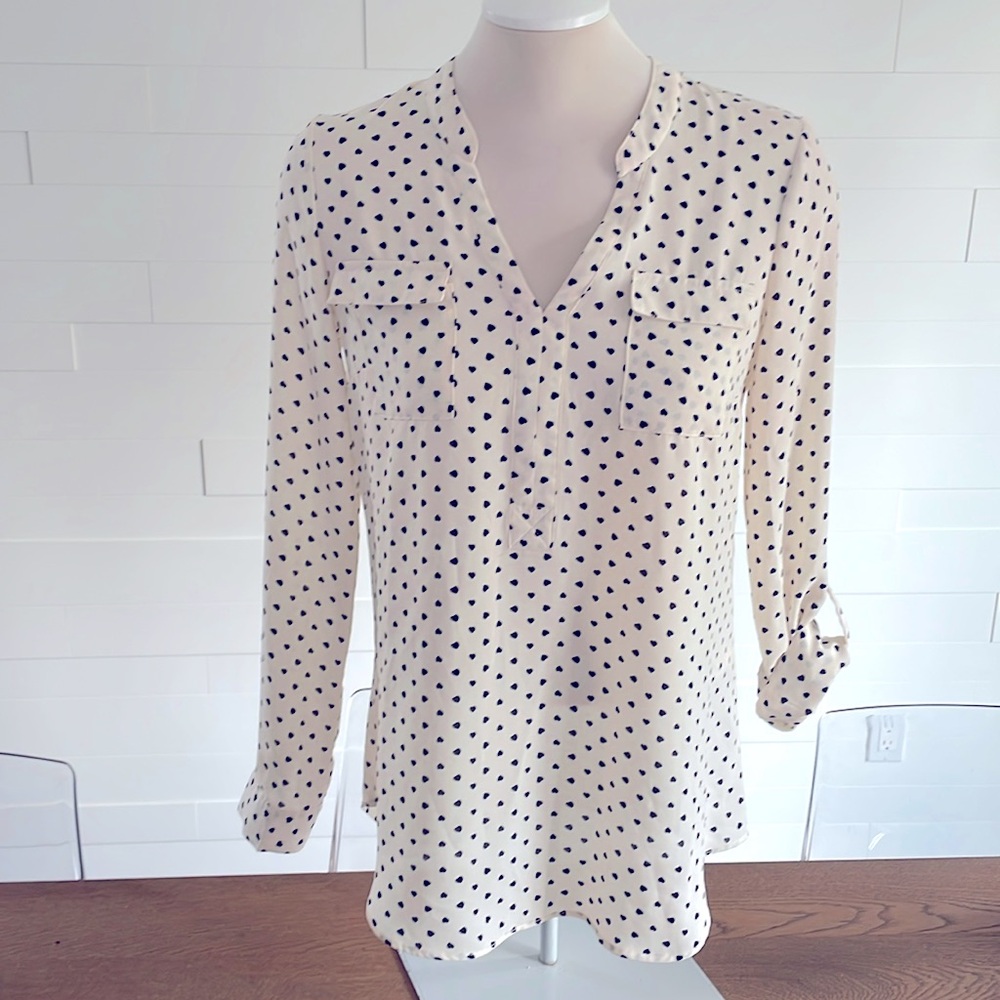 S-P Kismet Heart Blouse - 3 quarter length rollup option - Cream w/ Black Hearts